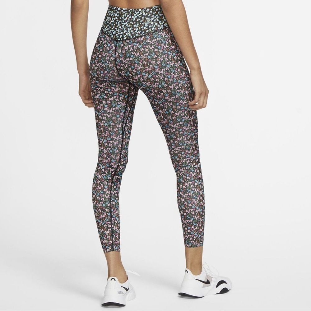 Nike One Floral Ankle Leggings DryFit Pink Blue Black Size S Workout - Picture 3 of 7